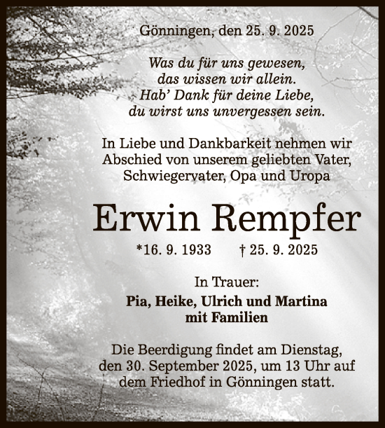Anzeige von Erwin Rempfer von Reutlinger General-Anzeiger