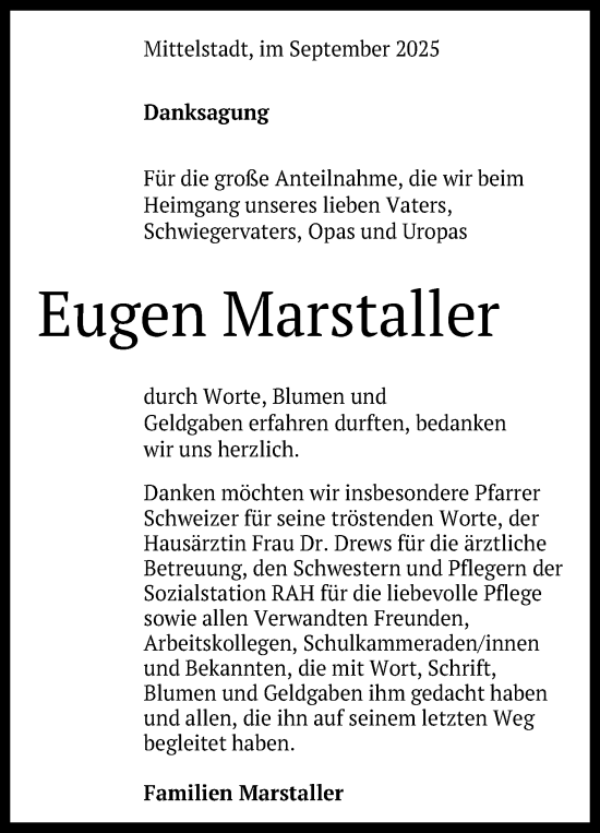 Anzeige von Eugen Marstaller von Reutlinger General-Anzeiger