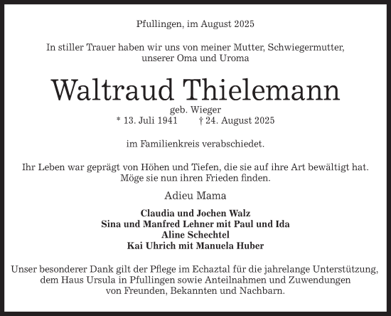 Anzeige von Waldtraud Thielemann von Reutlinger General-Anzeiger