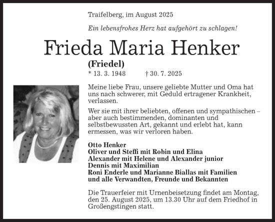 Anzeige von Frieda Maria Henker von Reutlinger General-Anzeiger
