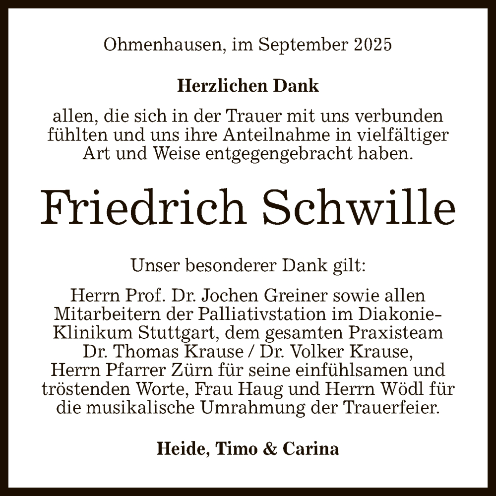  Traueranzeige für Friedrich Schwille vom 03.09.2025 aus Reutlinger General-Anzeiger