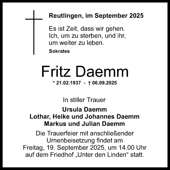 Anzeige von Fritz Daemm von Reutlinger General-Anzeiger
