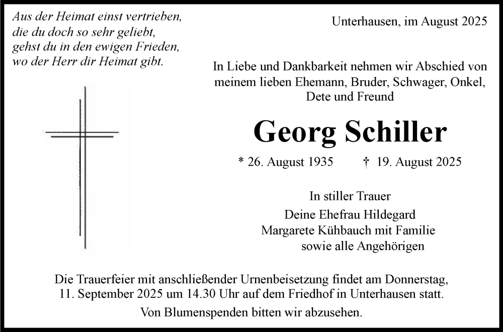  Traueranzeige für Georg Schiller vom 06.09.2025 aus Reutlinger General-Anzeiger