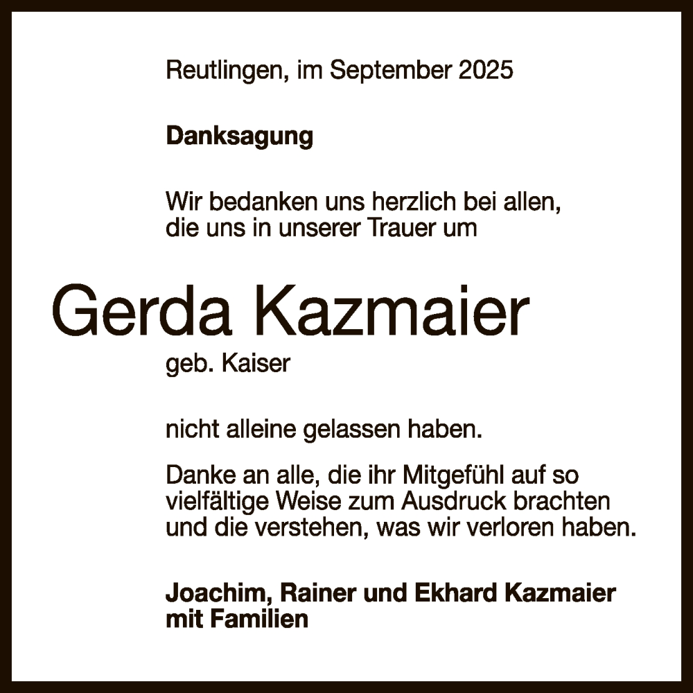  Traueranzeige für Gerda Kazmaier vom 20.09.2025 aus Reutlinger General-Anzeiger