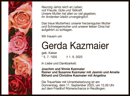 Anzeige von Gerda Kazmaier von Reutlinger General-Anzeiger