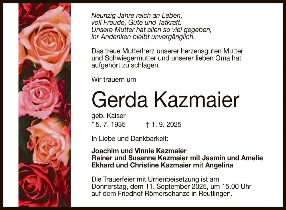  Traueranzeige für Gerda Kazmaier vom 06.09.2025 aus Reutlinger General-Anzeiger