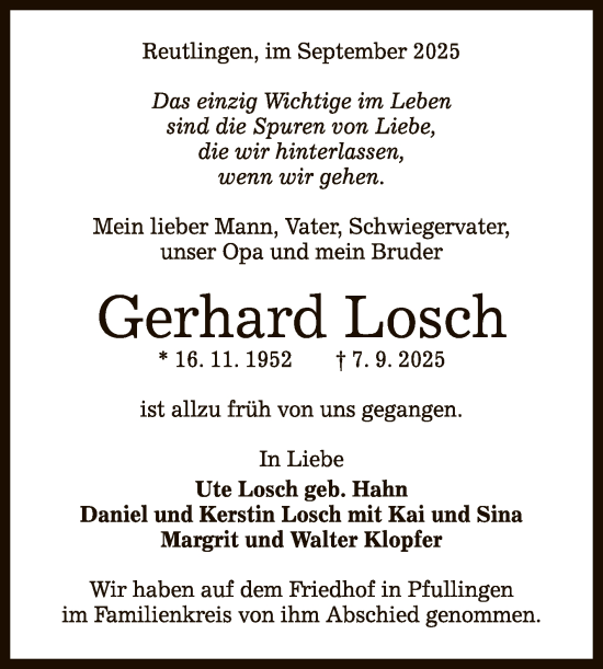 Anzeige von Gerhard Losch von Reutlinger General-Anzeiger