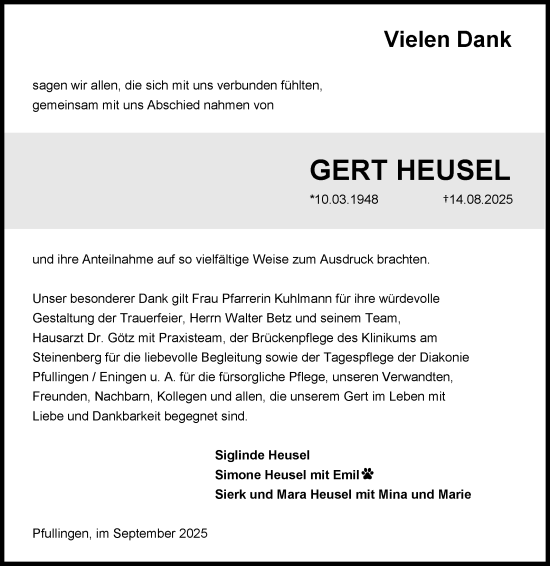 Anzeige von Gert Heusel von Reutlinger General-Anzeiger