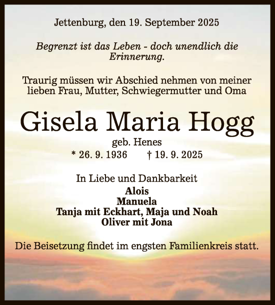 Anzeige von Gisela Maria Hogg von Reutlinger General-Anzeiger