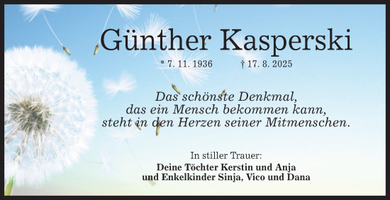 Anzeige von Günther Kasperski von Reutlinger General-Anzeiger