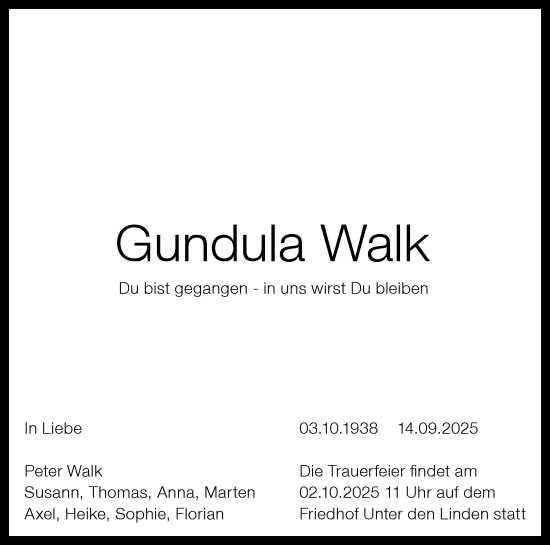 Anzeige von Gundula Walk von Reutlinger General-Anzeiger