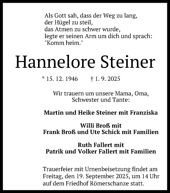 Anzeige von Hannelore Steiner von Reutlinger General-Anzeiger