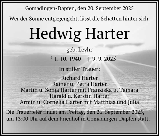Anzeige von Hedwig Harter von Reutlinger General-Anzeiger