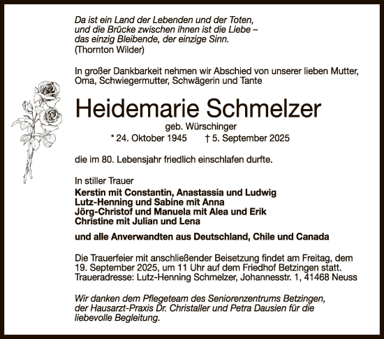 Anzeige von Heidemarie Schmelzer von Reutlinger General-Anzeiger