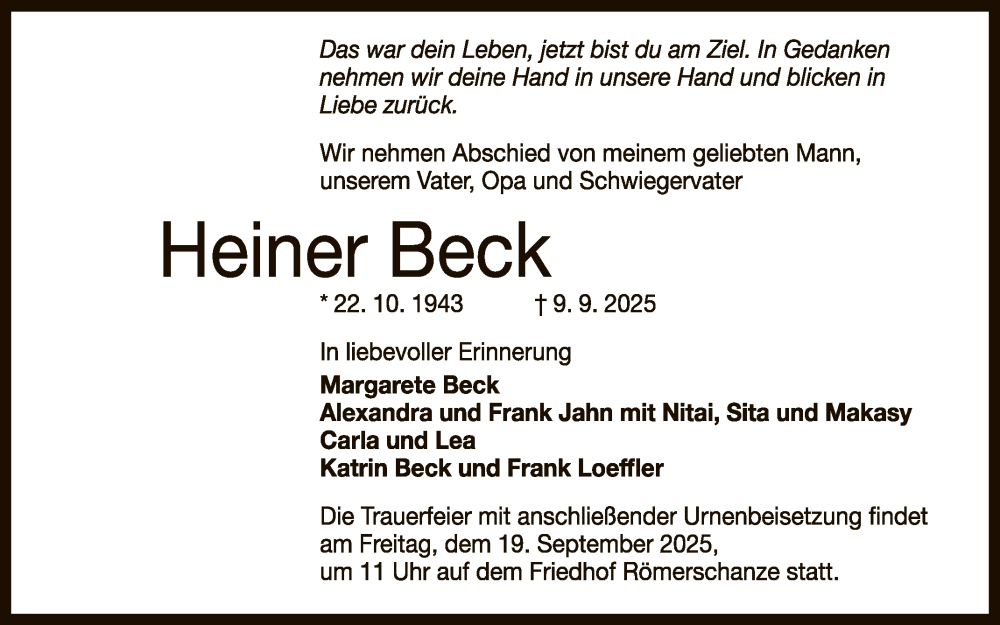  Traueranzeige für Heiner Beck vom 16.09.2025 aus Reutlinger General-Anzeiger