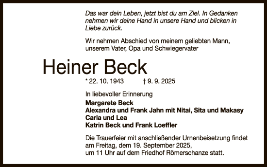 Anzeige von Heiner Beck von Reutlinger General-Anzeiger