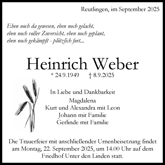 Anzeige von Heinrich Weber von Reutlinger General-Anzeiger