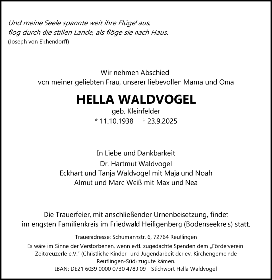 Anzeige von Hella Waldvogel von Reutlinger General-Anzeiger