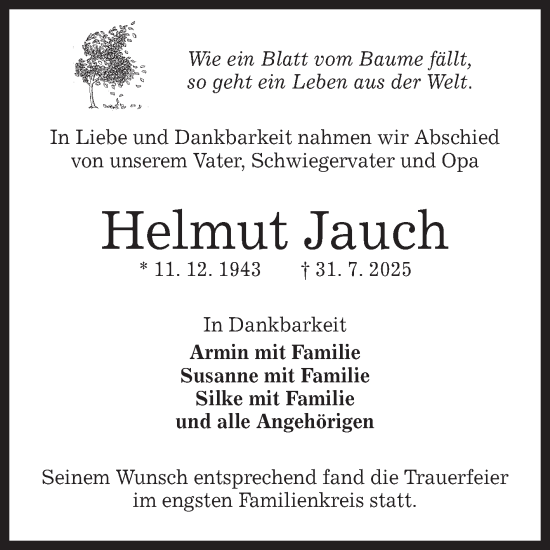 Anzeige von Helmut Jauch von Reutlinger General-Anzeiger