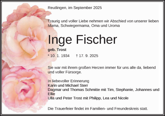 Anzeige von Inge Fischer von Reutlinger General-Anzeiger