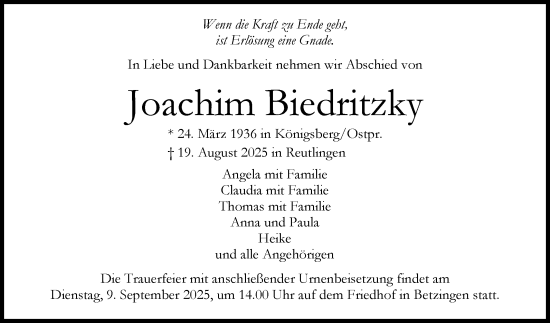 Anzeige von Joachim Biedritzky von Reutlinger General-Anzeiger