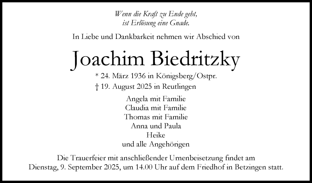  Traueranzeige für Joachim Biedritzky vom 06.09.2025 aus Reutlinger General-Anzeiger