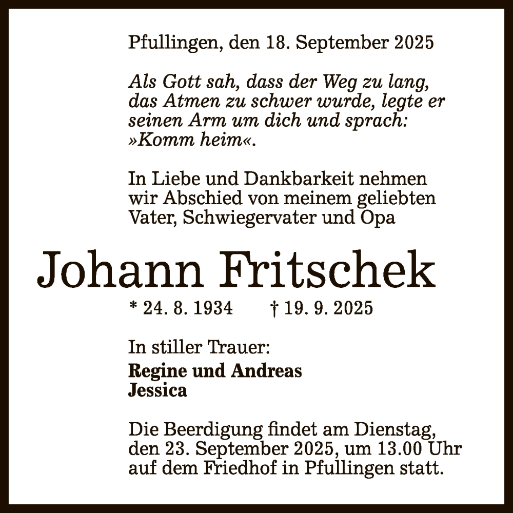  Traueranzeige für Johann Fritschek vom 22.09.2025 aus Reutlinger General-Anzeiger