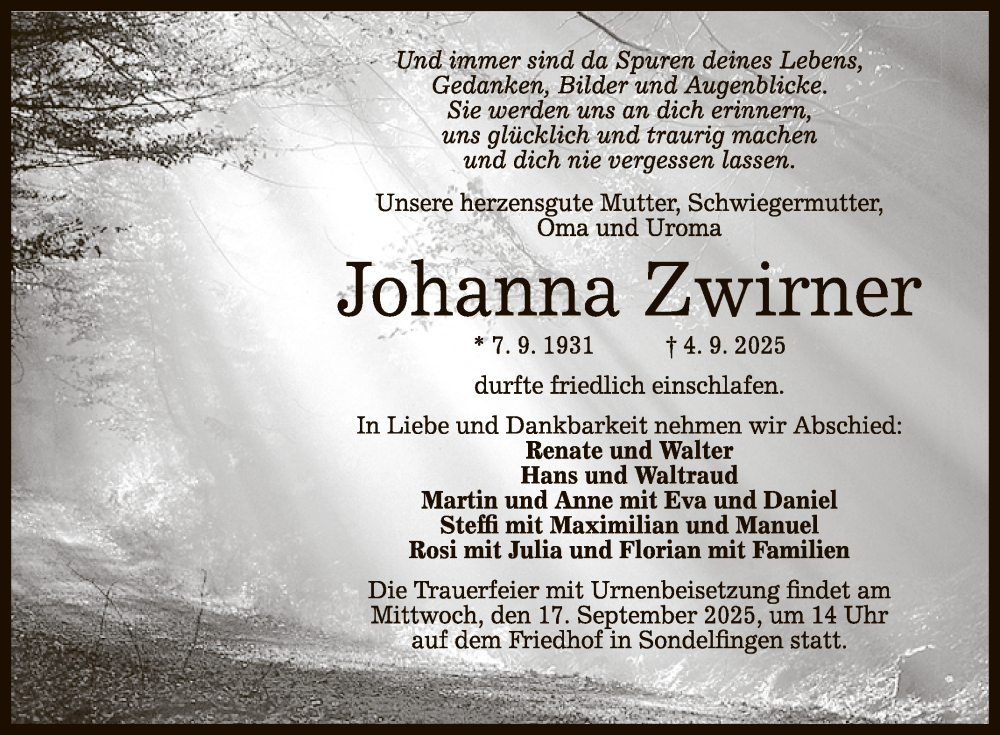  Traueranzeige für Johanna Zwirner vom 13.09.2025 aus Reutlinger General-Anzeiger