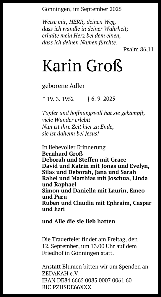 Anzeige von Karin Groß von Reutlinger General-Anzeiger