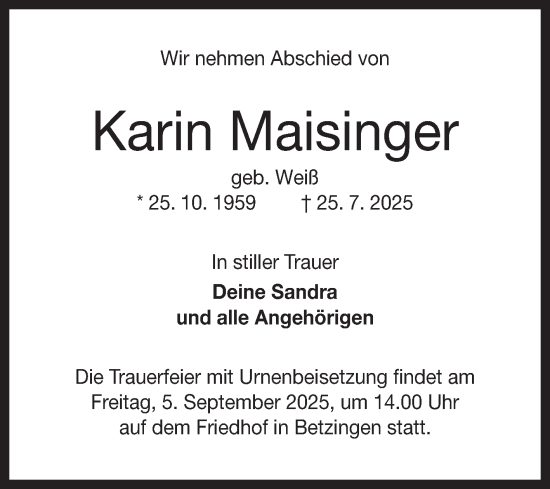Anzeige von Karin Maisinger von Reutlinger General-Anzeiger