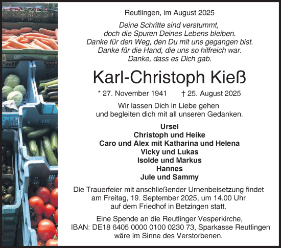 Anzeige von Karl-Christoph Kieß von Reutlinger General-Anzeiger
