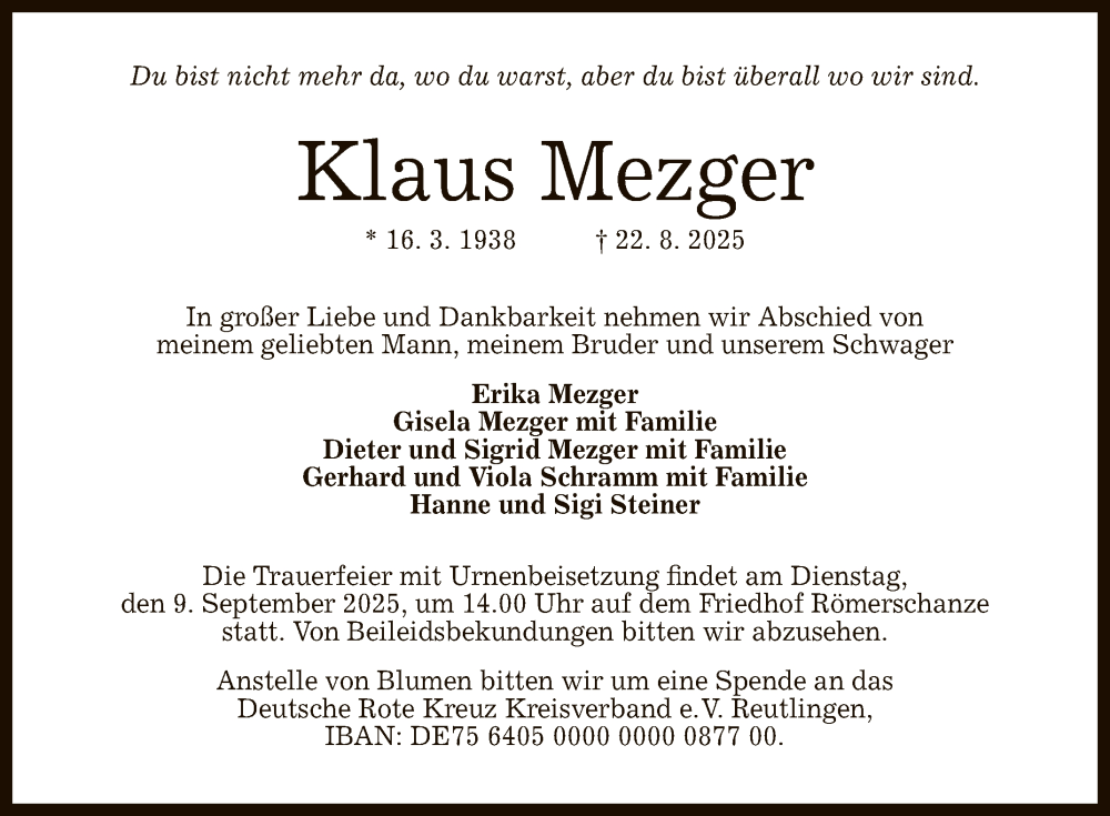  Traueranzeige für Klaus Mezger vom 04.09.2025 aus Reutlinger General-Anzeiger