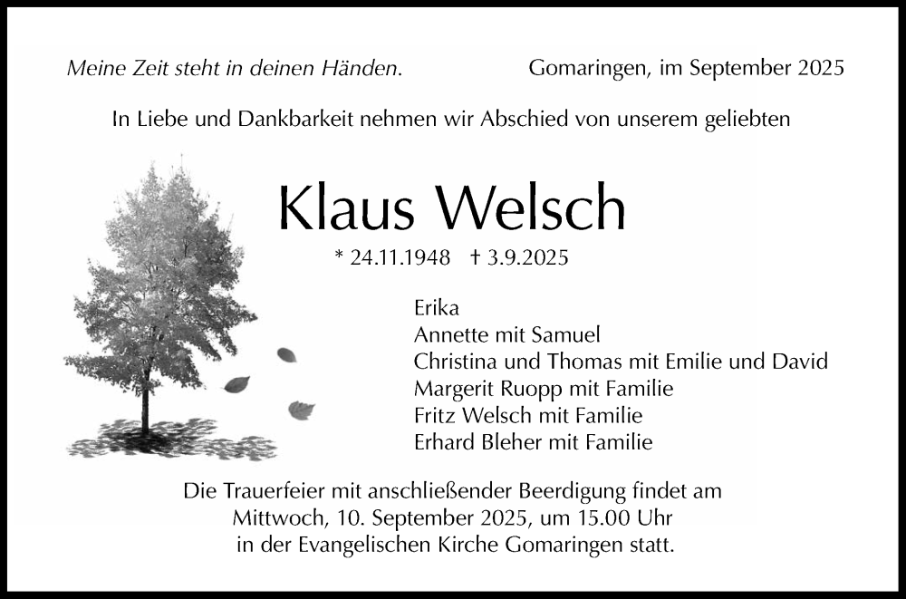  Traueranzeige für Klaus Welsch vom 06.09.2025 aus Reutlinger General-Anzeiger