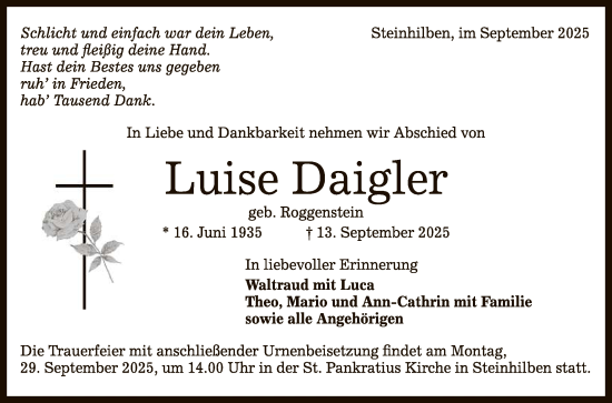 Anzeige von Luise Daigler von Reutlinger General-Anzeiger