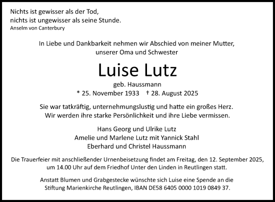 Anzeige von Luise Lutz von Reutlinger General-Anzeiger