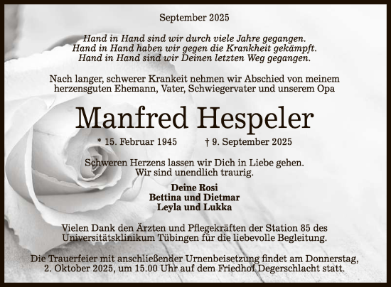 Anzeige von Manfred Hespeler von Reutlinger General-Anzeiger