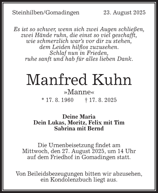 Anzeige von Manfred Kuhn von Reutlinger General-Anzeiger