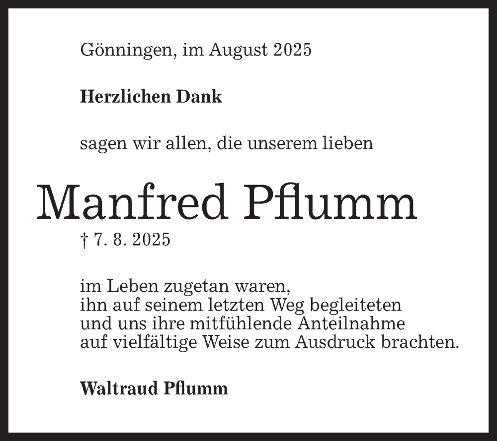  Traueranzeige für Manfred Pflumm vom 23.08.2025 aus Reutlinger General-Anzeiger