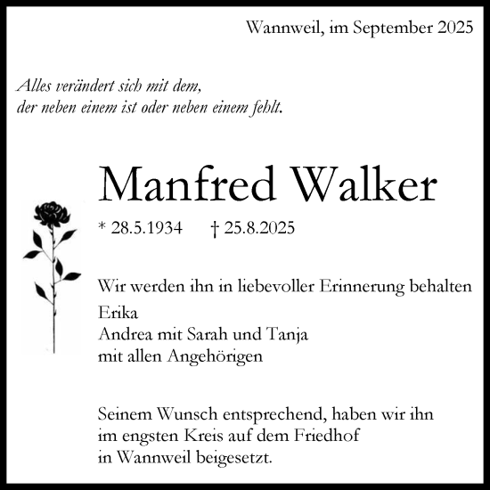 Anzeige von Manfred Walker von Reutlinger General-Anzeiger