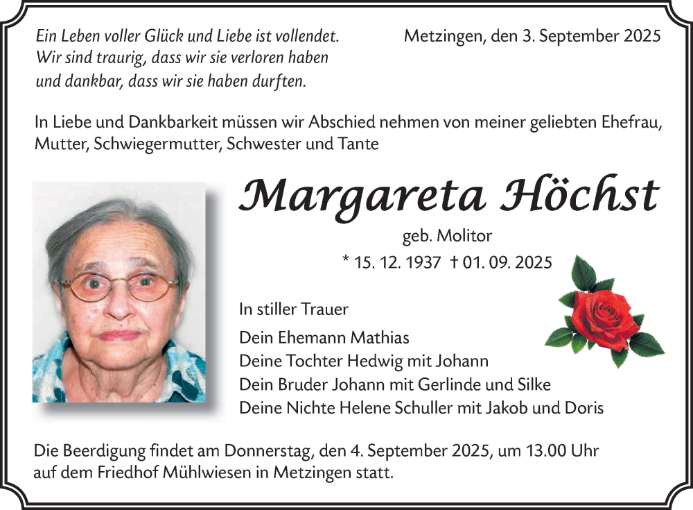  Traueranzeige für Margareta Höchst vom 03.09.2025 aus Reutlinger General-Anzeiger