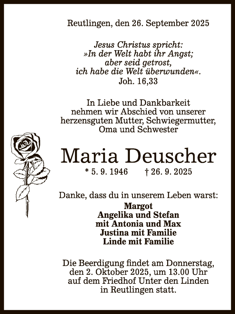  Traueranzeige für Maria Deuscher vom 30.09.2025 aus Reutlinger General-Anzeiger