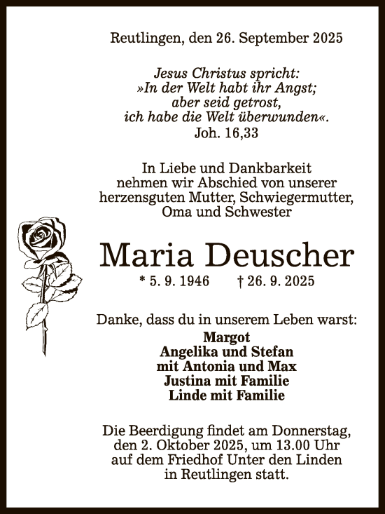 Anzeige von Maria Deuscher von Reutlinger General-Anzeiger