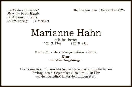 Anzeige von Marianne Hahn von Reutlinger General-Anzeiger