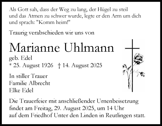 Anzeige von Marianne Uhlmann von Reutlinger General-Anzeiger