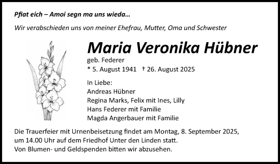 Anzeige von Maria Veronika Hübner von Reutlinger General-Anzeiger