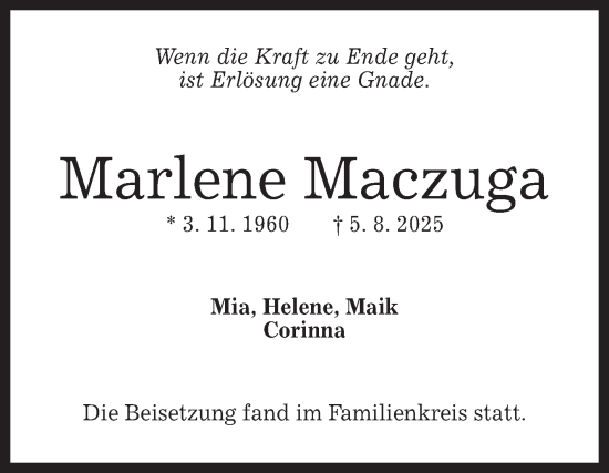 Anzeige von Marlene Maczuga von Reutlinger General-Anzeiger