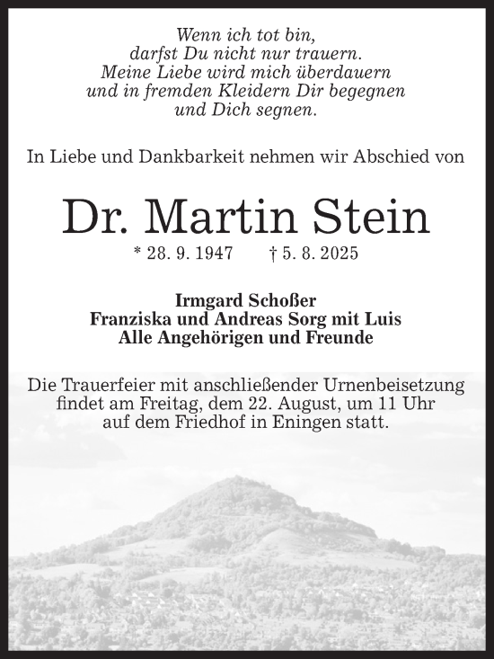 Anzeige von Martin Stein von Reutlinger General-Anzeiger