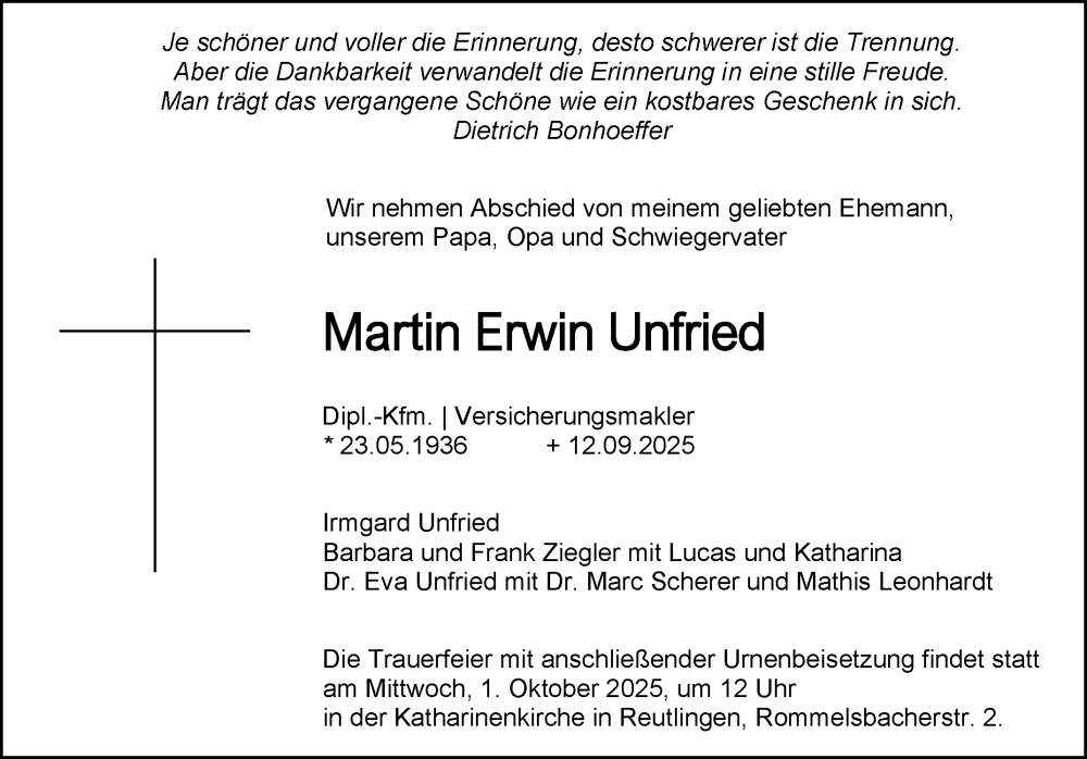  Traueranzeige für Martin Erwin Unfried vom 27.09.2025 aus Reutlinger General-Anzeiger