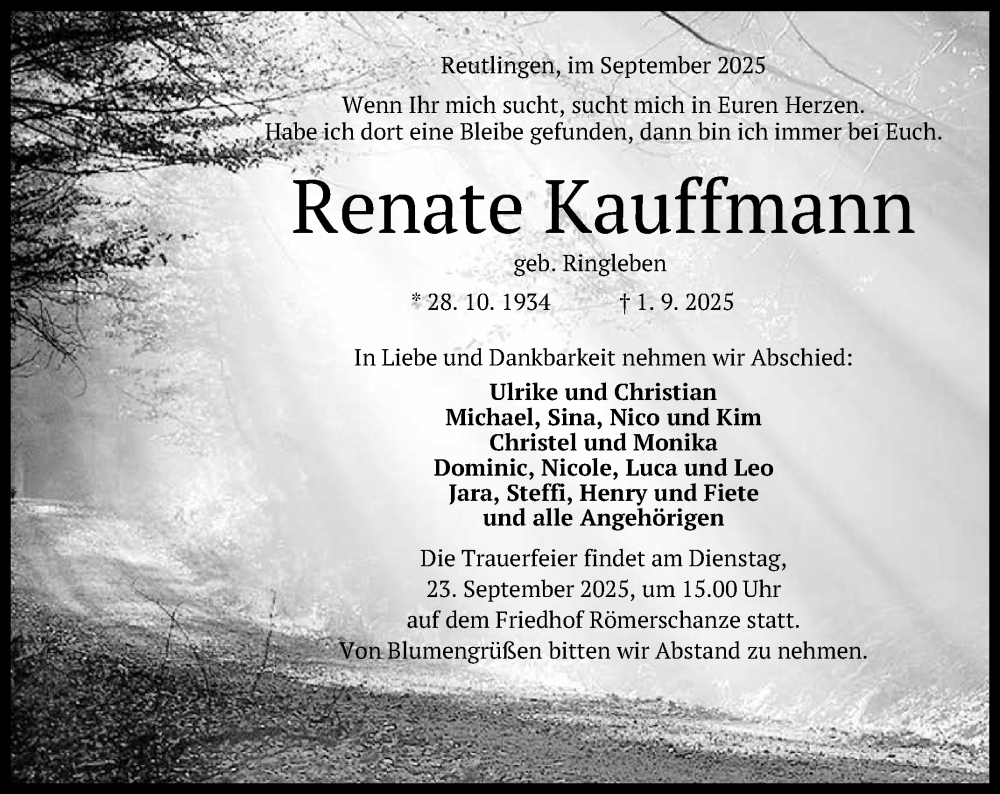  Traueranzeige für Renate Kauffmann vom 18.09.2025 aus Reutlinger General-Anzeiger