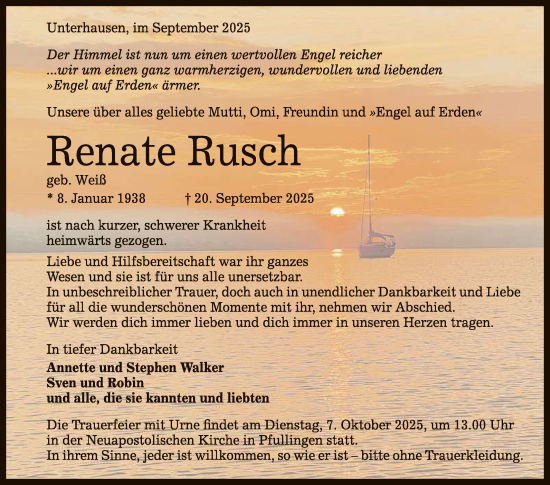 Anzeige von Renate Rusch von Reutlinger General-Anzeiger